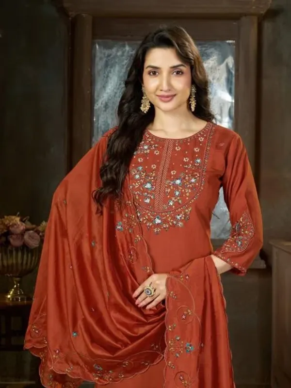Alluring_Radiant_Rust_Pure_Mal_Chanderi_Anarkali_Set_with_Floral_Hand_Work_Detailing