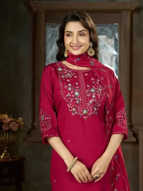 Alluring_Rani_Pink_Pure_Mal_Chanderi_Anarkali_Set_with_Floral_Hand_Work_Detailing