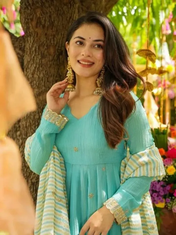 Aqua_Blue_Faux_Georgette_Gown_Style_Kurti_with_Pant_and_Dupatta_Ready_to_Wear_