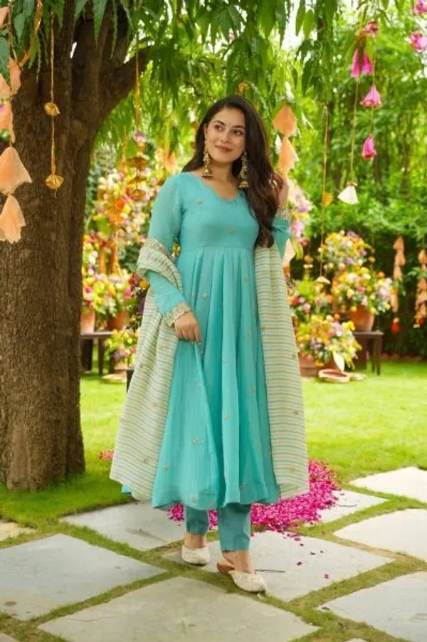 Aqua_Blue_Faux_Georgette_Gown_Style_Kurti_with_Pant_and_Dupatta_Ready_to_Wear_