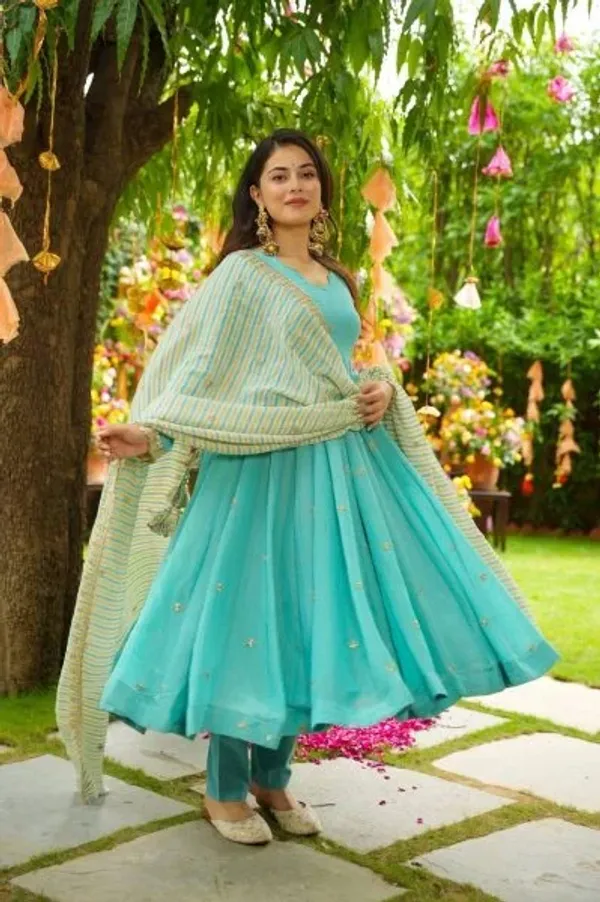 Aqua_Blue_Faux_Georgette_Gown_Style_Kurti_with_Pant_and_Dupatta_Ready_to_Wear_