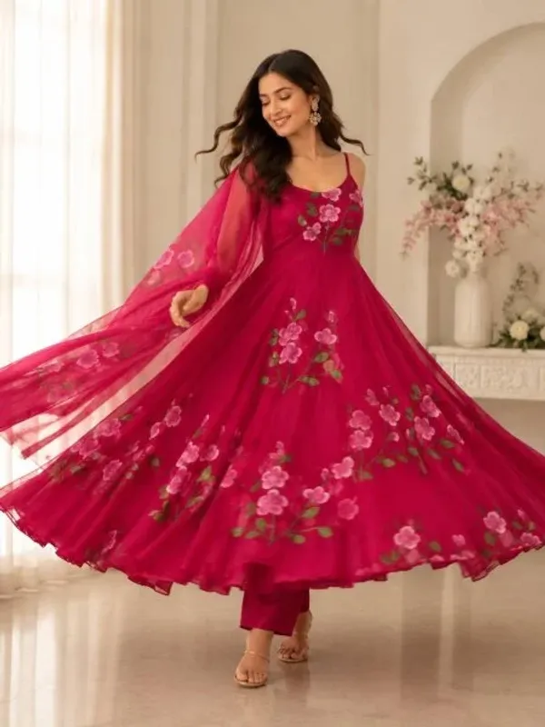 Bohemian_Rani_Pink_Georgette_Anarkali_Suit_Set_with_Buttersilk_Pant_and_Kodi_Lace_Dupatta_with_Handpainted