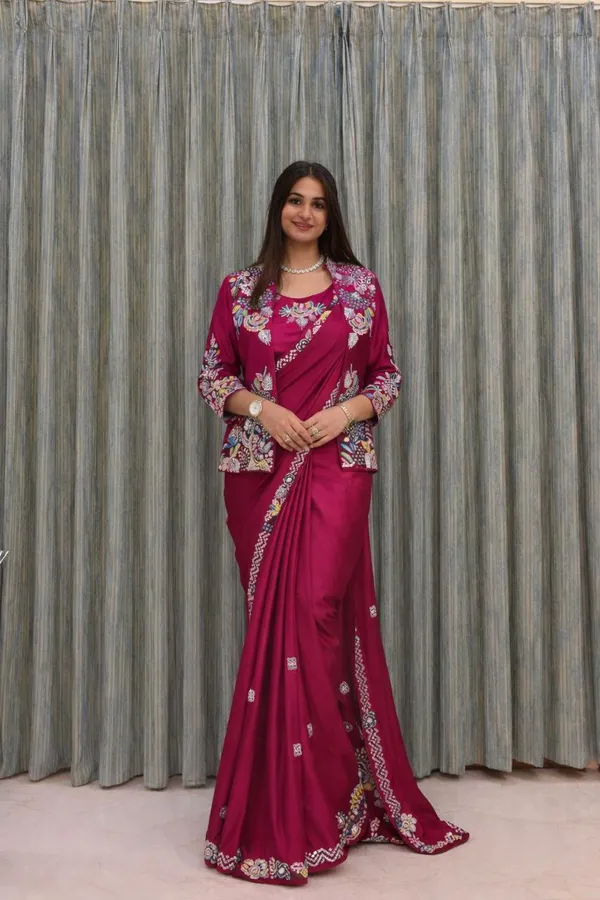 Crep_Satin_Ready_To_Wear_Saree_With_Koti
