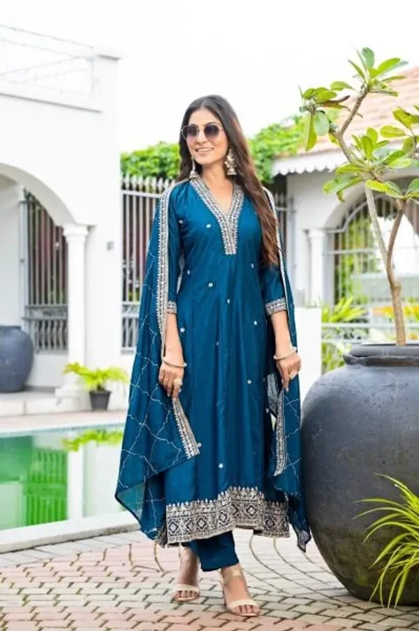 Classy_Blue_Vichitra_Silk_Embroidered_Anarkali_Kurti_Set_With_Dupatta