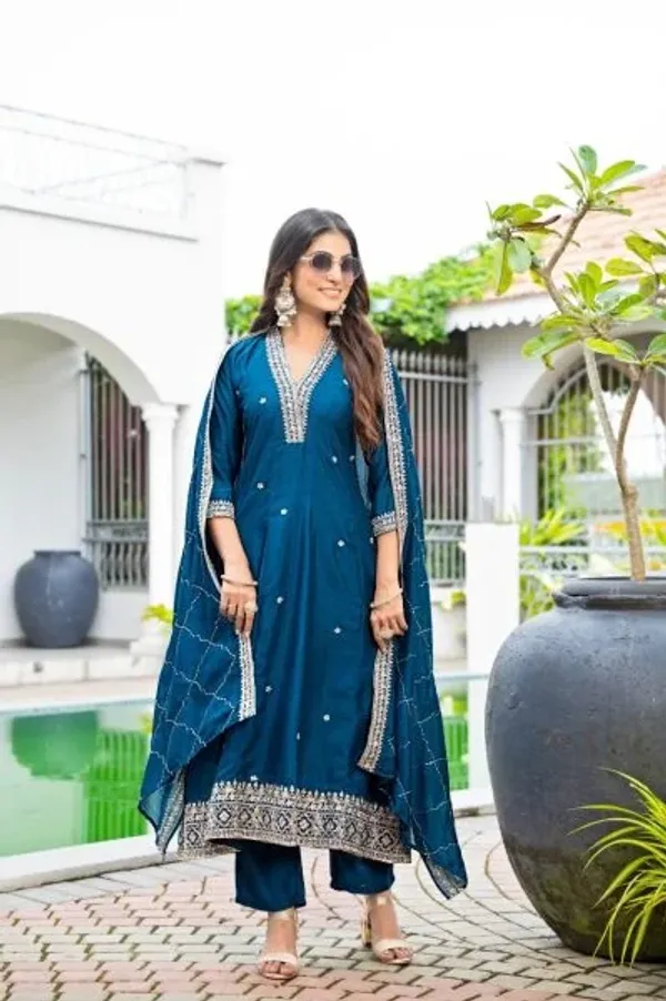 Classy_Blue_Vichitra_Silk_Embroidered_Anarkali_Kurti_Set_With_Dupatta