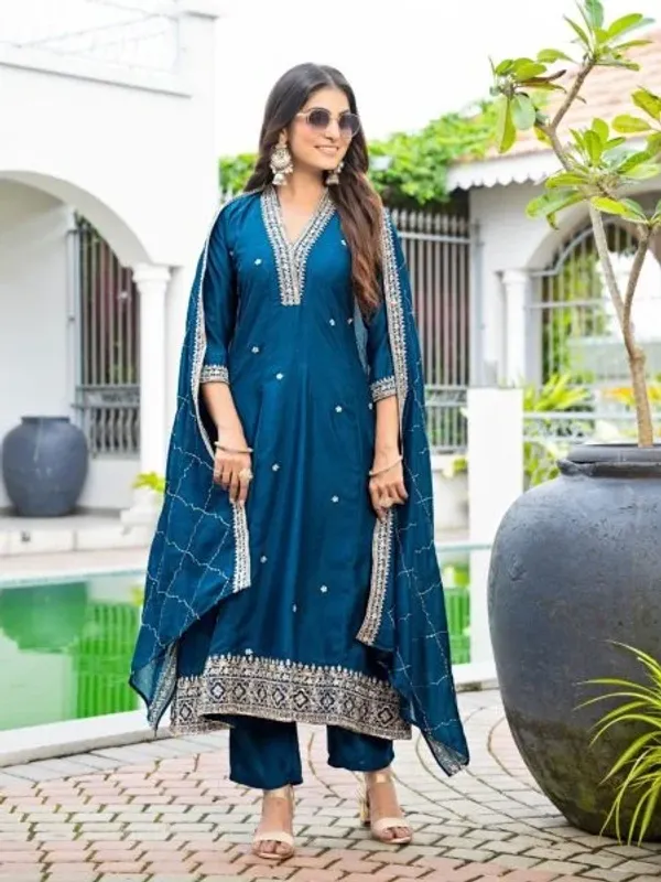 Classy_Blue_Vichitra_Silk_Embroidered_Anarkali_Kurti_Set_With_Dupatta