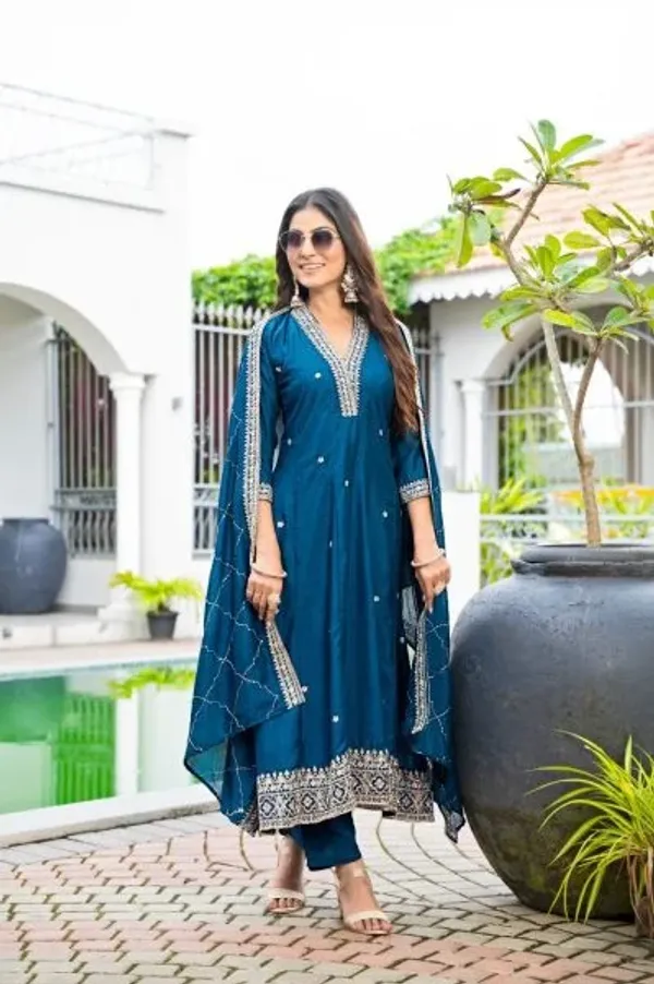 Classy_Blue_Vichitra_Silk_Embroidered_Anarkali_Kurti_Set_With_Dupatta