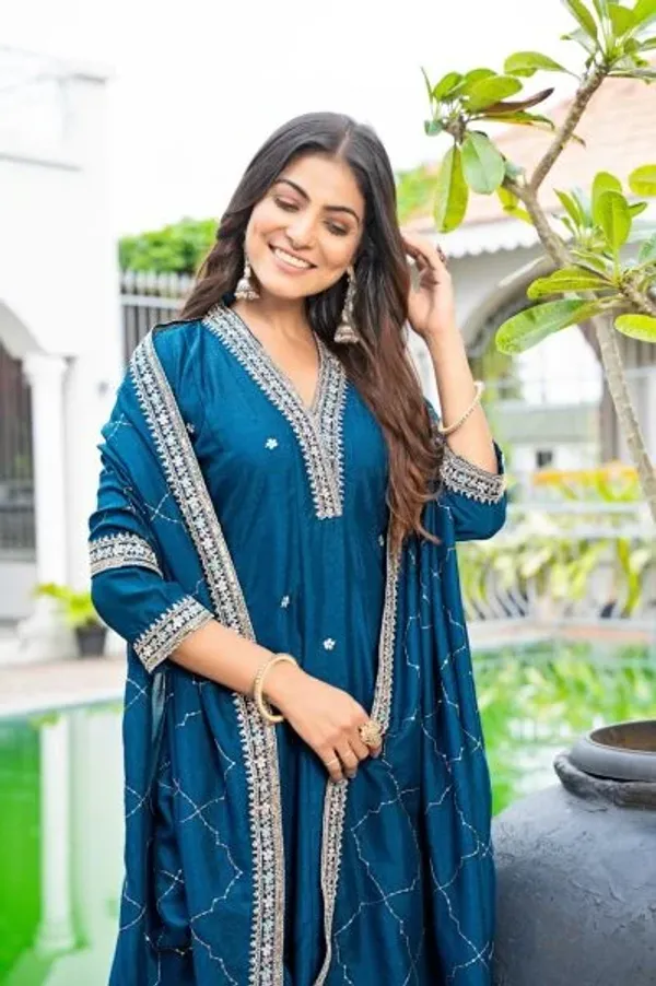 Classy_Blue_Vichitra_Silk_Embroidered_Anarkali_Kurti_Set_With_Dupatta