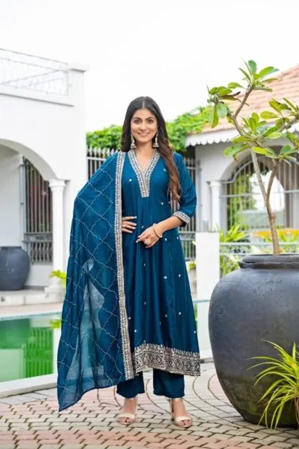 Classy_Blue_Vichitra_Silk_Embroidered_Anarkali_Kurti_Set_With_Dupatta