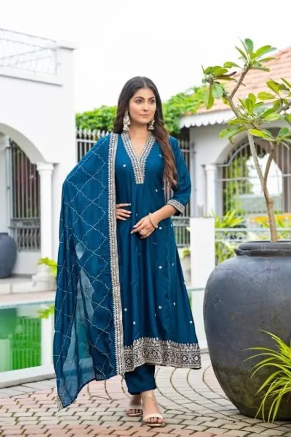 Classy_Blue_Vichitra_Silk_Embroidered_Anarkali_Kurti_Set_With_Dupatta