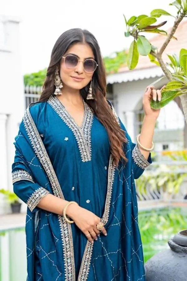 Classy_Blue_Vichitra_Silk_Embroidered_Anarkali_Kurti_Set_With_Dupatta