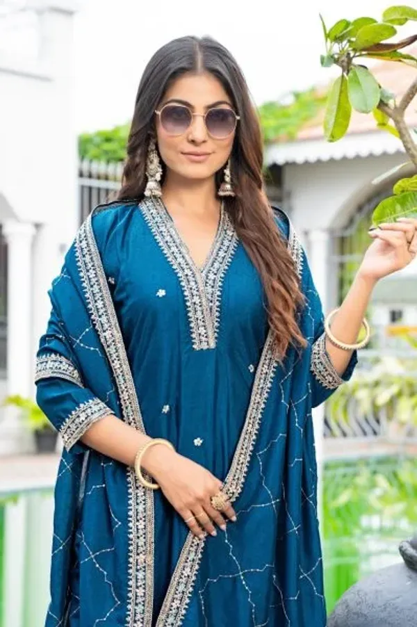 Classy_Blue_Vichitra_Silk_Embroidered_Anarkali_Kurti_Set_With_Dupatta