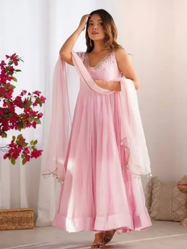 Designer_PInk_Georgette_Anarkali_Kurti_Set