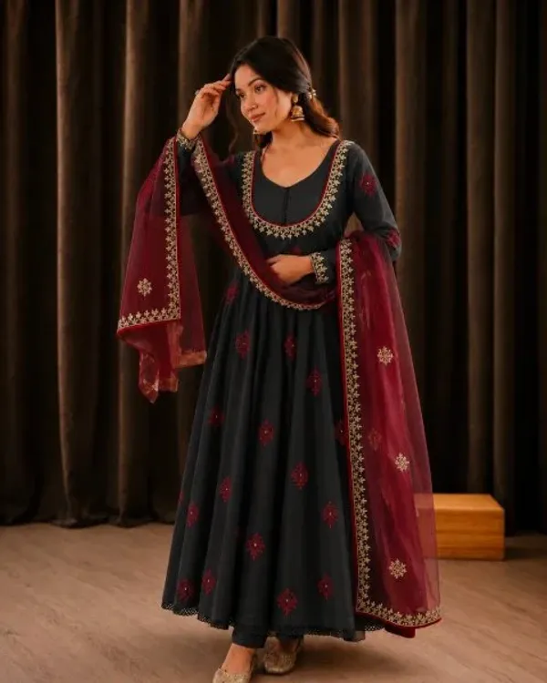 Festive_Wear_Black_Roman_Cotton_Anarkali_Gown_with_Embroidered_Dupatta_