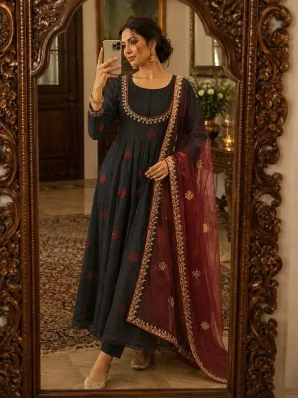 Festive_Wear_Black_Roman_Cotton_Anarkali_Gown_with_Embroidered_Dupatta_