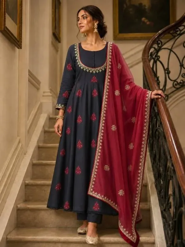 Festive_Wear_Black_Roman_Cotton_Anarkali_Gown_with_Embroidered_Dupatta_