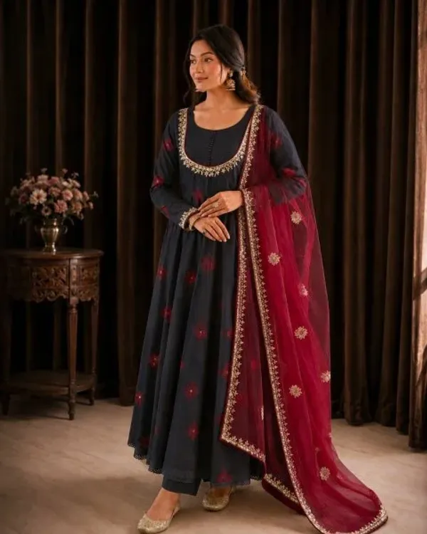 Festive_Wear_Black_Roman_Cotton_Anarkali_Gown_with_Embroidered_Dupatta_