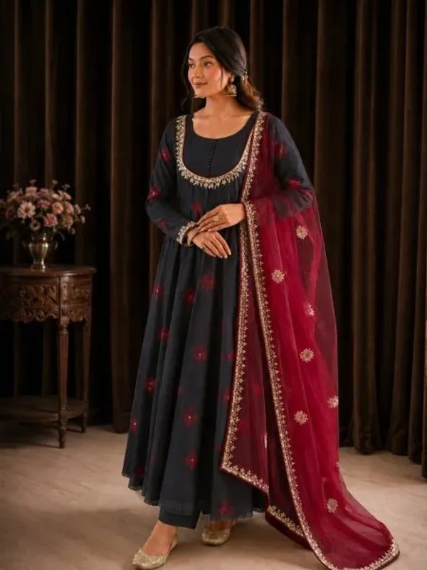Festive_Wear_Black_Roman_Cotton_Anarkali_Gown_with_Embroidered_Dupatta_