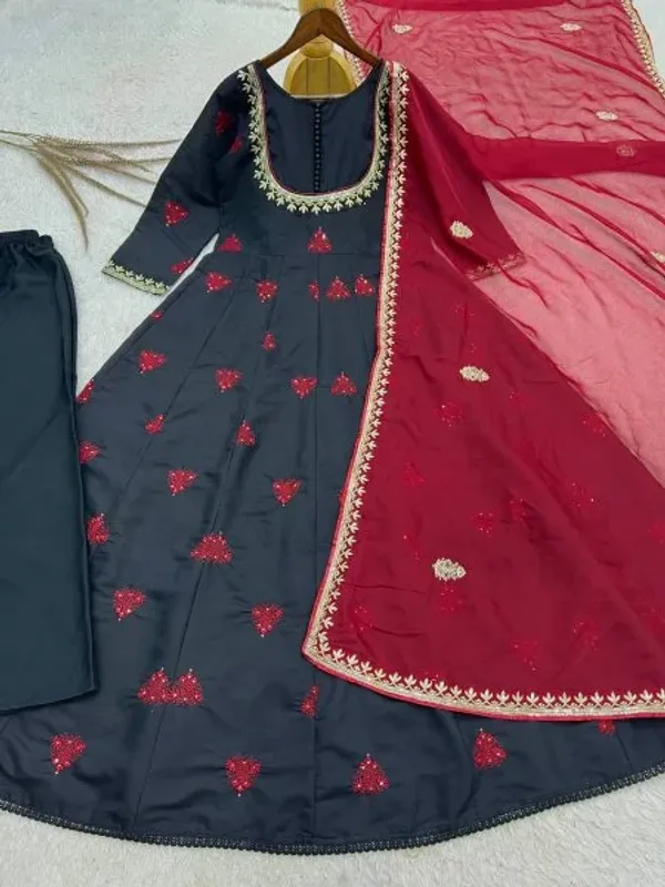 Festive_Wear_Black_Roman_Cotton_Anarkali_Gown_with_Embroidered_Dupatta_