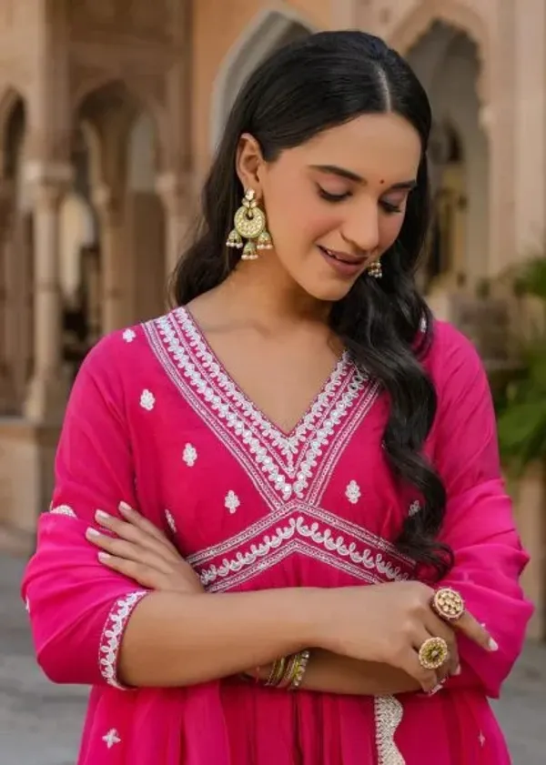 Hot_Pink_Silk_Chanderi_Embroidered_Anarkali_kurti_Set