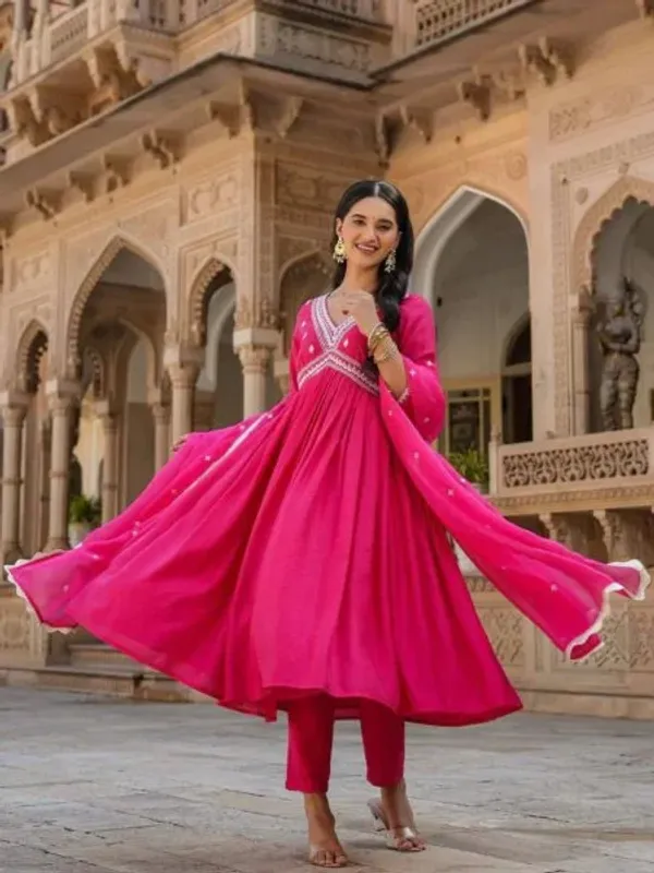 Hot_Pink_Silk_Chanderi_Embroidered_Anarkali_kurti_Set