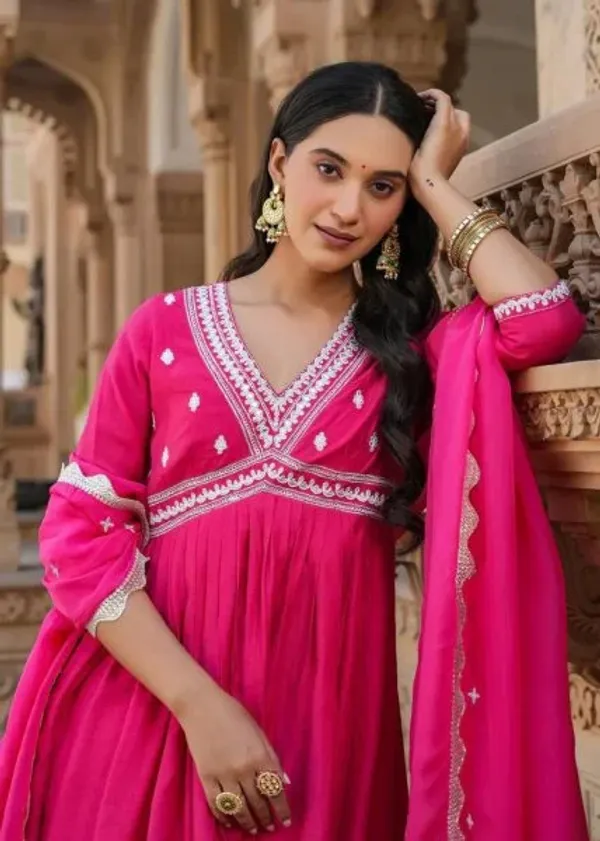 Hot_Pink_Silk_Chanderi_Embroidered_Anarkali_kurti_Set