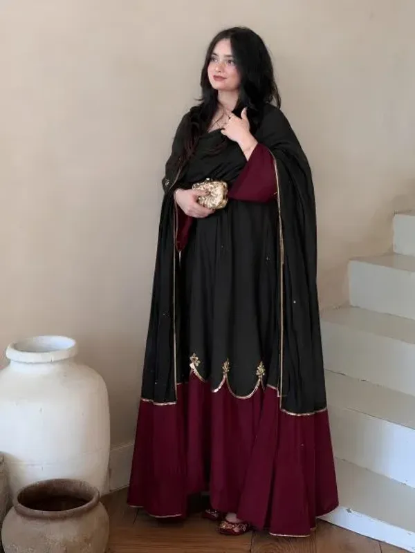 Innovative_Black_Fully_Stitched_Long_Kaftan_Bottom_Dupatta_Set_with_Sequin_Work