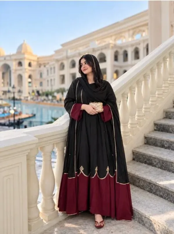 Innovative_Black_Fully_Stitched_Long_Kaftan_Bottom_Dupatta_Set_with_Sequin_Work