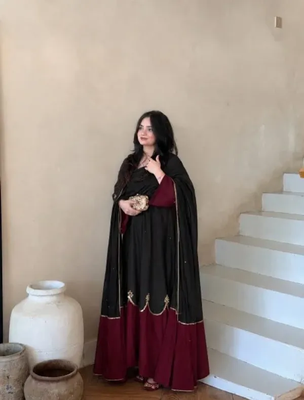 Innovative_Black_Fully_Stitched_Long_Kaftan_Bottom_Dupatta_Set_with_Sequin_Work