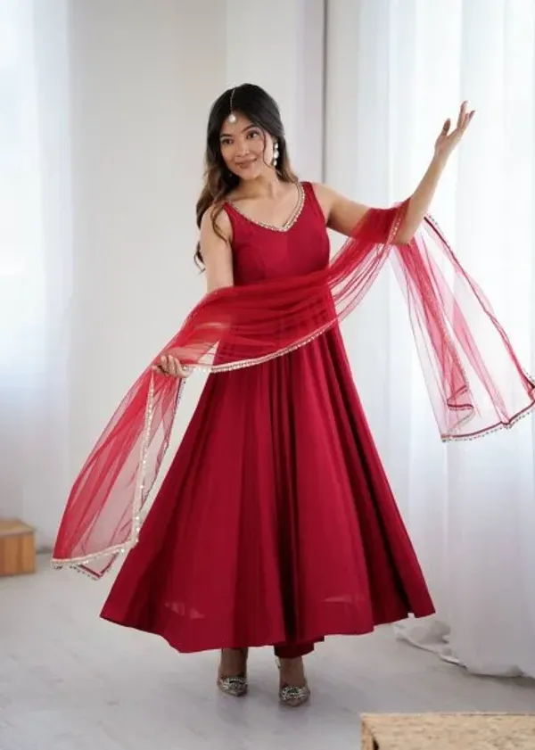 Maroon_Roman_silk_Chanderi_Anarkali_Suit_with_Dupatta_and_Pant_for_complete_set