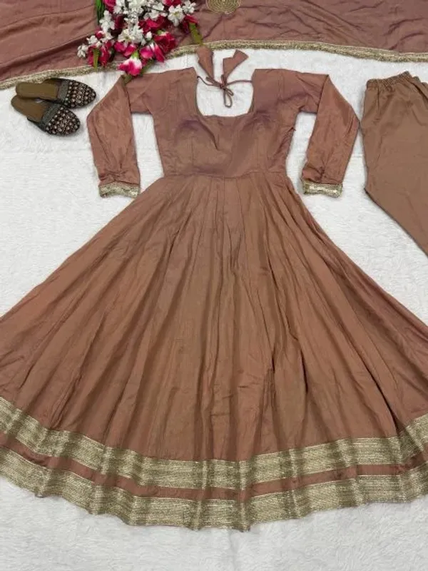 Mesmerizing_Blush_Brown_Designer_Vichitra_Anarkali_Pant_Dupatta_Set_with_Fancy_Lace_Work
