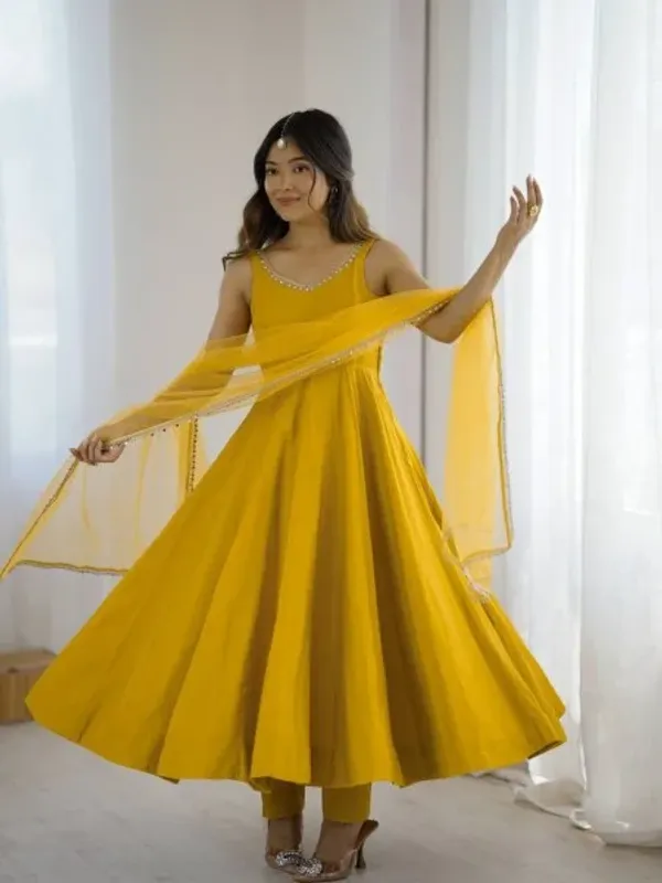 Mustard_Yellow_Romansilk_Chanderi_Anarkali_Dress_with_Dupatta_and_Pant_Ideal_for_Day_Celebrations