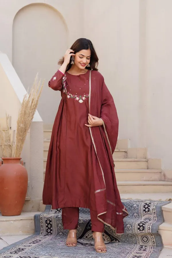 Brown_Fancy_Anarkali_Kurti_Bottom_With_Dupatta