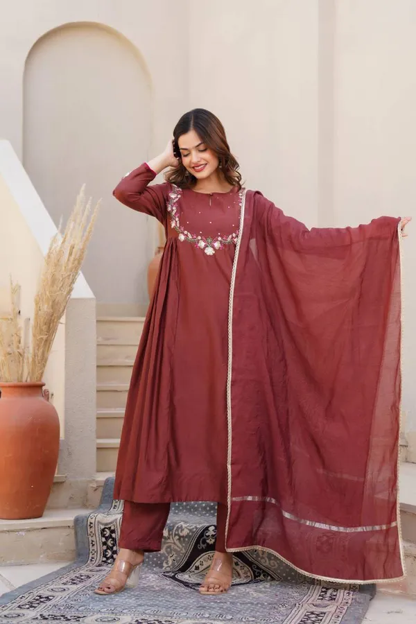 Brown_Fancy_Anarkali_Kurti_Bottom_With_Dupatta