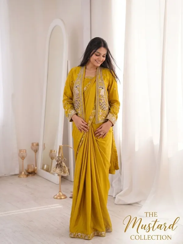 New_Super_Trending_Party_jacket_with_saree_Reday_to_wear_Embroidery_work_saree_