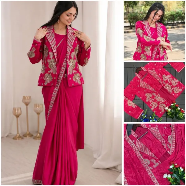 New_Super_Trending_Party_jacket_with_saree_Reday_to_wear_Embroidery_work_saree_