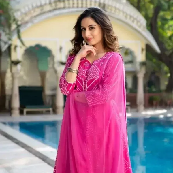 Pink_Bandhej_Printed_Anarkali_Kurti_With_Pant_And_Dupatta_Set