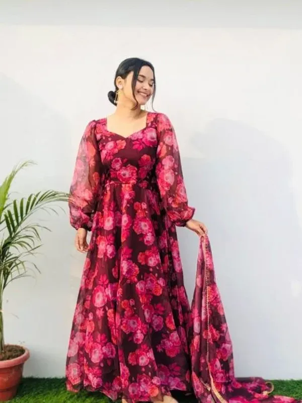 Pink_Flower_Print_Georgette_Anarkali_With_Duppta