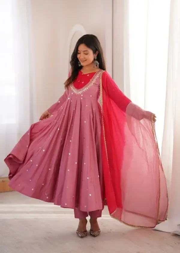Rich_Pink_Roman_Silk_Anarkali_Suit_with_Real_Mirror_Work_and_Kota_Checks_Dupatta