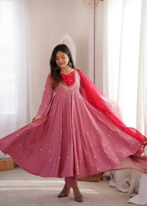 Rich_Pink_Roman_Silk_Anarkali_Suit_with_Real_Mirror_Work_and_Kota_Checks_Dupatta