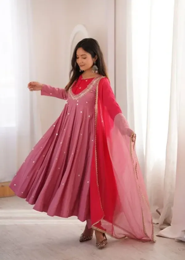 Rich_Pink_Roman_Silk_Anarkali_Suit_with_Real_Mirror_Work_and_Kota_Checks_Dupatta