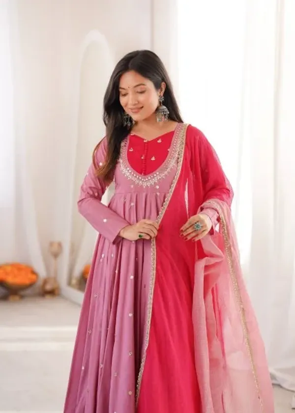 Rich_Pink_Roman_Silk_Anarkali_Suit_with_Real_Mirror_Work_and_Kota_Checks_Dupatta