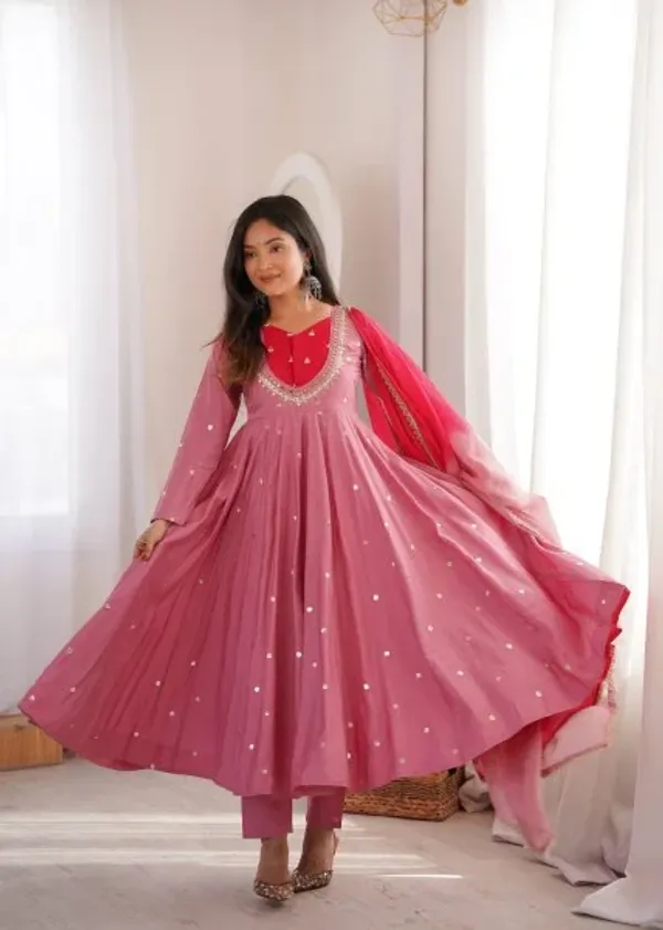 Rich_Pink_Roman_Silk_Anarkali_Suit_with_Real_Mirror_Work_and_Kota_Checks_Dupatta