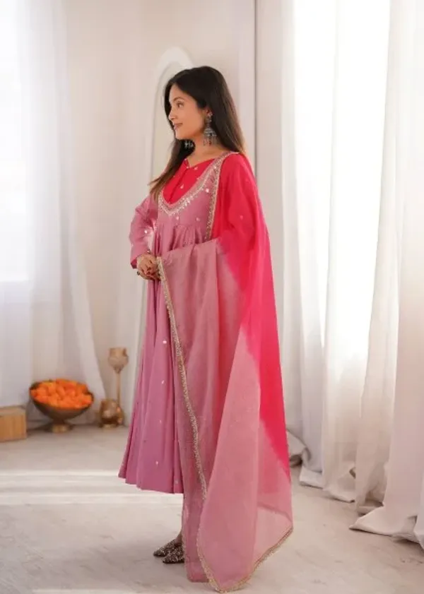 Rich_Pink_Roman_Silk_Anarkali_Suit_with_Real_Mirror_Work_and_Kota_Checks_Dupatta