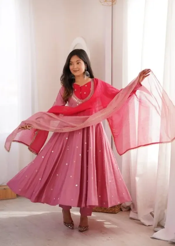 Rich_Pink_Roman_Silk_Anarkali_Suit_with_Real_Mirror_Work_and_Kota_Checks_Dupatta