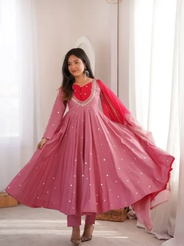 Rich_Pink_Roman_Silk_Anarkali_Suit_with_Real_Mirror_Work_and_Kota_Checks_Dupatta