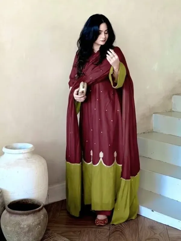 Splendid_Maroon_Party_Wear_Satin_Rayon_Kaftan_Set_with_Fancy_Bell_Sleeves_for_Festival