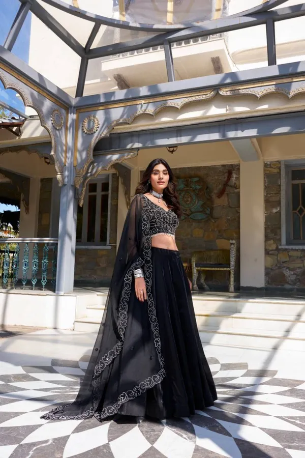 Satin_Plain_Black_Lehenga_Choli_Wedding