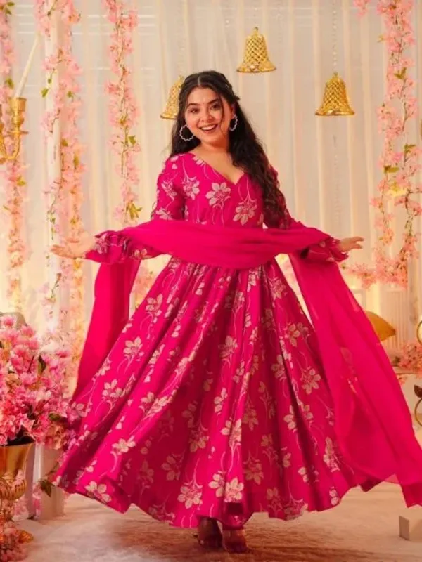 Trending_Party_Wear_Anarkali_Rayon_silk_Pink_leaf_suit_set
