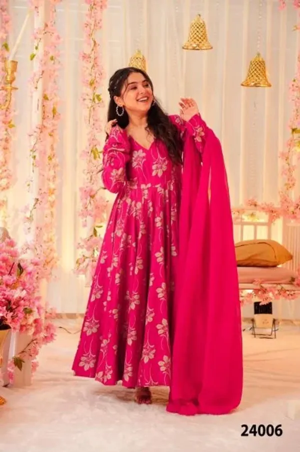 Trending_Party_Wear_Anarkali_Rayon_silk_Pink_leaf_suit_set